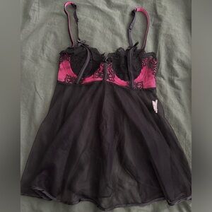 Vintage Black and hot pink mesh, lace baby doll lingerie with adorable bows